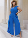 Curvy Slit Eyelet Surplice Cap Sleeve Jumpsuit