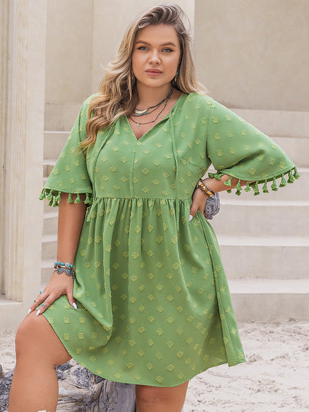 Curvy Tied Tassel Half Sleeve Mini Dress