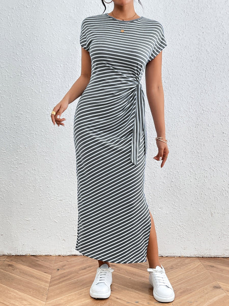 Tied Striped Round Neck Short Sleeve Tee Dress