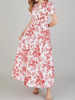 Tiered Floral Notched Short Sleeve Dress