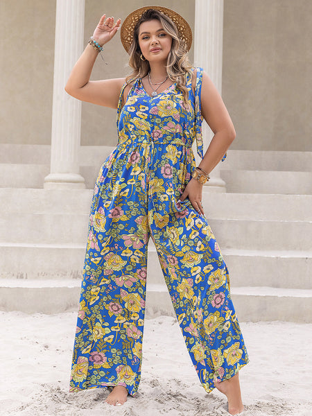 Curvy Printed V-Neck Wide Leg Jumpsuit