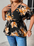 Floral Print Cold Shoulder Surplice Neck Blouse