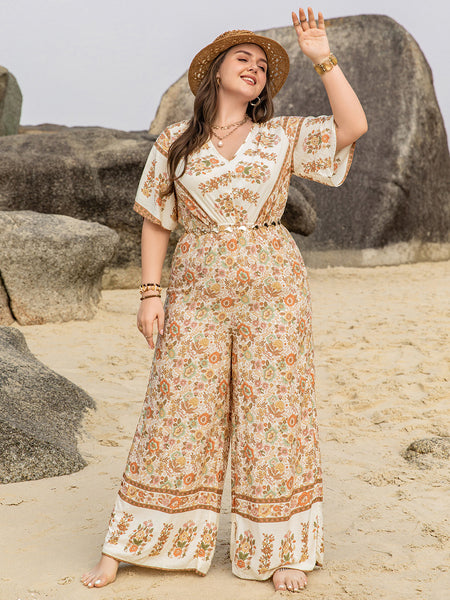 Curvy V-Neck Flutter Sleeve Wide Leg Jumpsuit