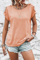 Decorative Button Round Neck Short Sleeve Blouse