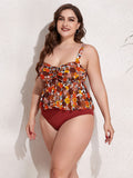 Plus Size Two-Tone Drawstring Sleeveless Tankini Set