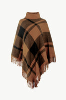 Plaid Turtleneck Fringe Hem Poncho