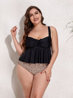 Plus Size Two-Tone Drawstring Sleeveless Tankini Set