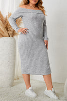 Curvy Square Neck Long Sleeve Slit Dress