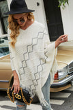 Pearl Trim V-Neck Fringe Hem Poncho