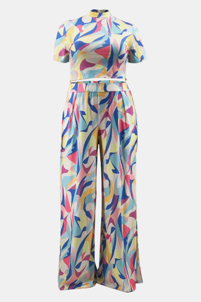 Plus Size Abstract Print Top and Wide Leg Pants Set with Pockets