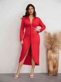 Curvy Plunge Ruched Slit Dress