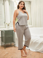 Curvy Lace Trim Slit Cami and Pants Pajama Set