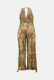 Plus Size Printed Tie Waist Jumpsuit with Pockets