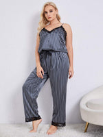 Vertical Stripe Lace Trim Cami and Pants Pajama Set