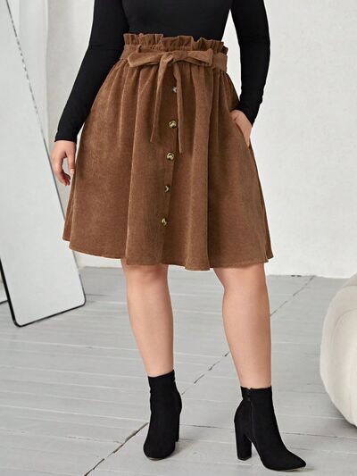 Curvy Decorative Button Paperbag Waist Skirt