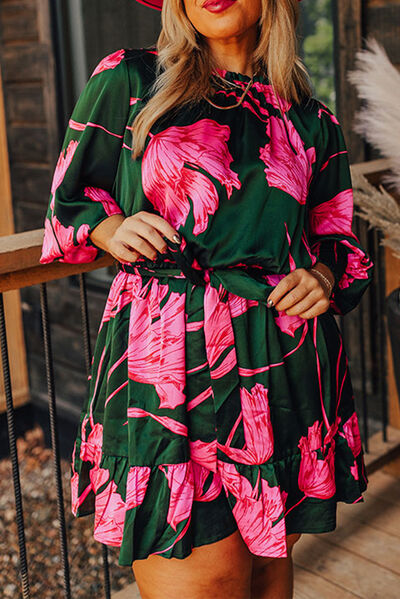 Curvy Printed Lantern Sleeve Ruffle Hem Dress