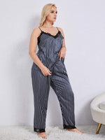 Vertical Stripe Lace Trim Cami and Pants Pajama Set