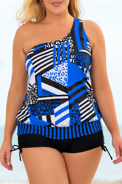 Patchwork Tied One-Shoulder Tankini Set