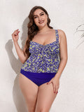 Plus Size Two-Tone Drawstring Sleeveless Tankini Set