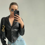 Long sleeve suit collar PU leather top jacket