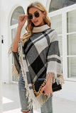 Plaid Turtleneck Fringe Hem Poncho