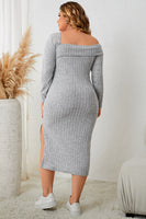 Curvy Square Neck Long Sleeve Slit Dress