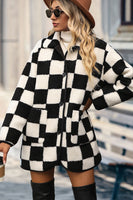 Plaid Buttoned Collared Neck Faux Fur Outwear