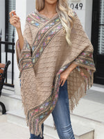 Contrast V-Neck Poncho with Fringes