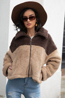 Two-Tone Collared Neck Fuzzy Jacket