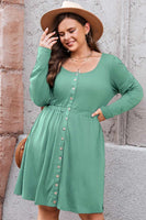 Button Front Elastic Waist Long Sleeve Dress