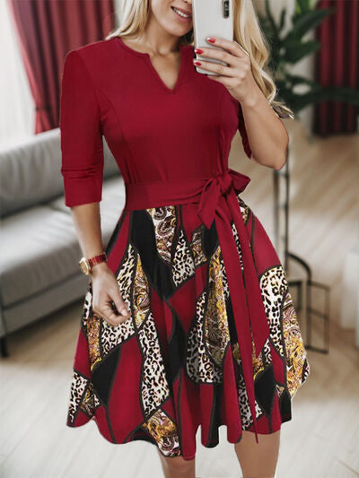 Curvy Printed Tie Front Notched Long Sleeve Dress