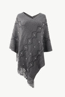 Pearl Trim V-Neck Fringe Hem Poncho