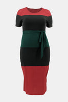 Plus Size Color Block Ribbed Tie Waist Dress