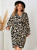 Curvy Leopard Surplice Neck Flounce Sleeve Dress