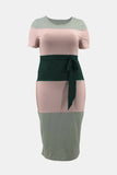 Plus Size Color Block Ribbed Tie Waist Dress