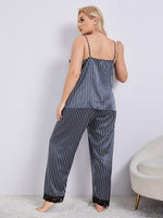 Vertical Stripe Lace Trim Cami and Pants Pajama Set