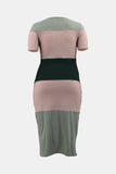 Plus Size Color Block Ribbed Tie Waist Dress