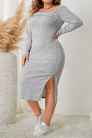 Curvy Square Neck Long Sleeve Slit Dress