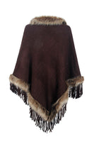 Faux Fur Trim Fringed Poncho