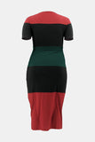 Plus Size Color Block Ribbed Tie Waist Dress